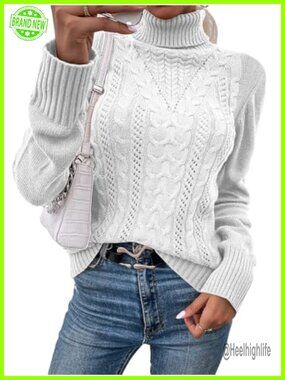 Saodimallsu Turtleneck Cable Knit Fitted Sweater Pullover Top